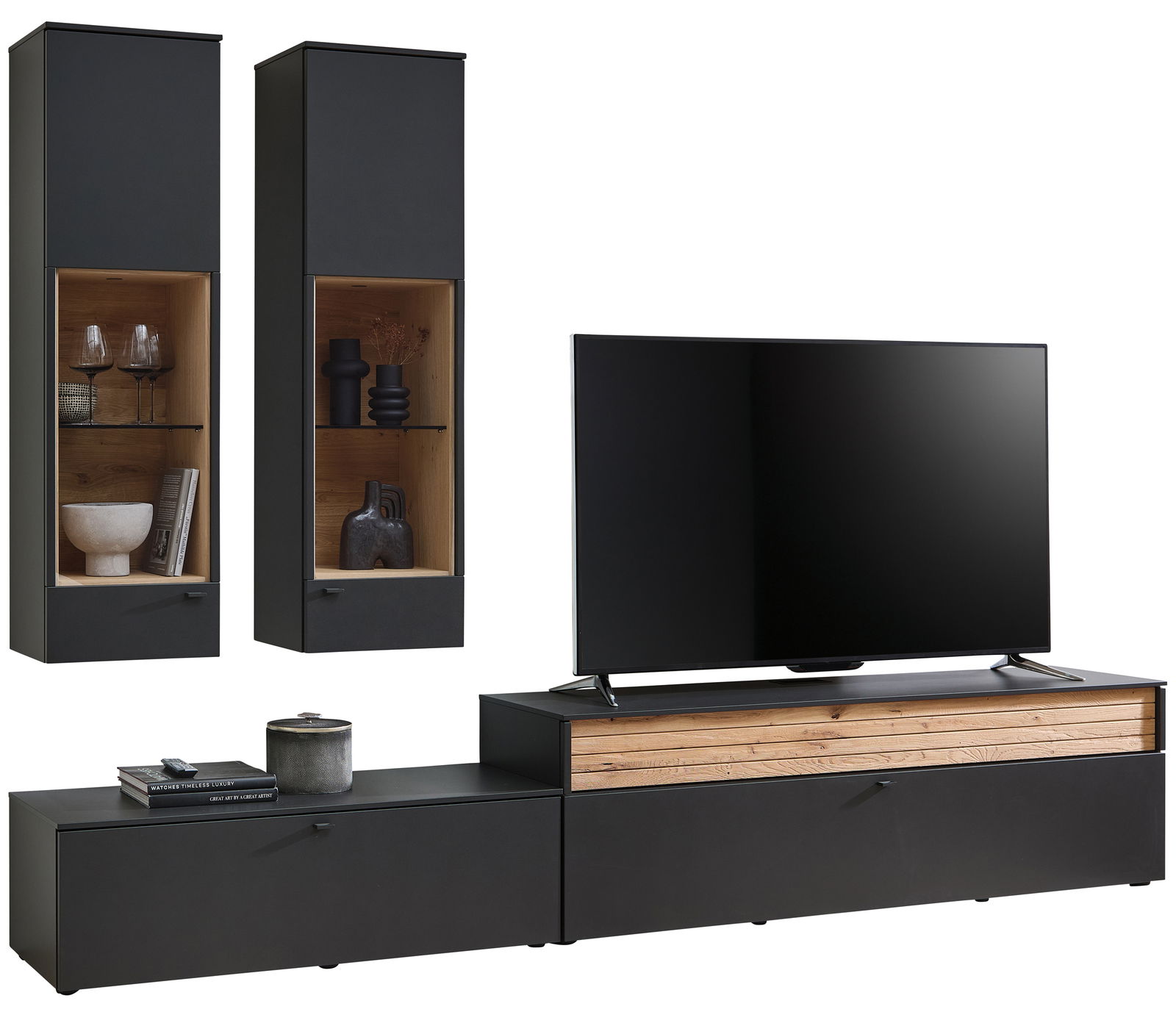 Venjakob Wandkombination LUMEA Moderne Wandkombination Venjakob LUMEA in schwarzem Design mit Holzdetails, bestehend aus zwei hohen Schränken und einem TV-Board, frontal abgebildet.