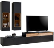 Moderne Wandkombination Venjakob LUMEA in schwarzem Design mit Holzdetails, bestehend aus zwei hohen Schränken und einem TV-Board, frontal abgebildet.