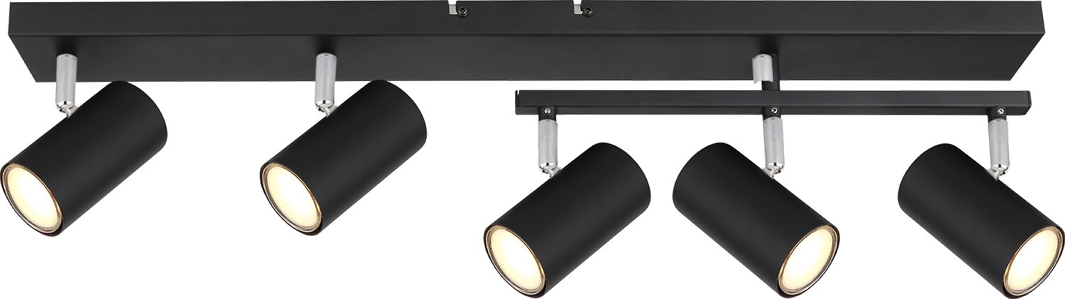 Schwarzer Deckenstrahler mit fünf verstellbaren Leuchten, seitliche Perspektive