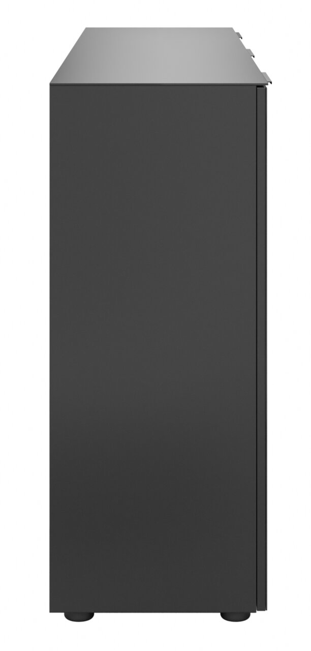 Seitenansicht eines modernen, schwarzen XL-Sideboards mit glatter Oberfläche.