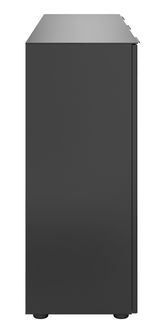 Seitenansicht eines modernen, schwarzen XL-Sideboards mit glatter Oberfläche.