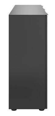 Seitenansicht eines modernen, schwarzen XL-Sideboards mit glatter Oberfläche.