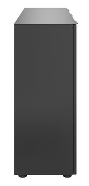 Seitenansicht eines modernen, schwarzen XL-Sideboards mit glatter Oberfläche.