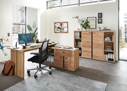 Büroeinrichtung mit Schreibtisch, Rollcontainer und Aktenschrank aus Holz in einem modernen, hellen Raum. Perspektive von vorne links.