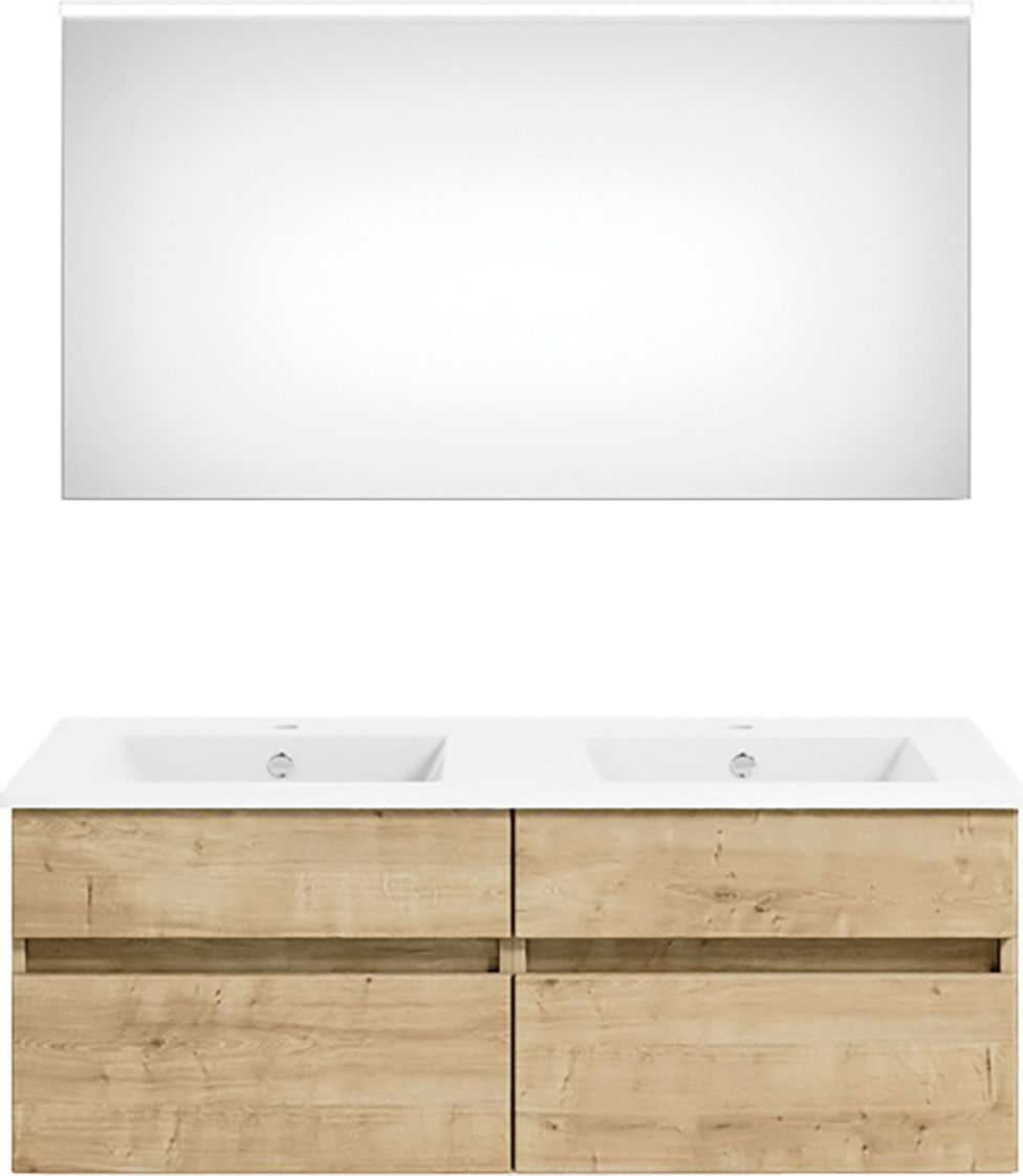 Puris Badkombination GET2YOU 21 Frontansicht einer modernen Badkombination mit zwei Waschbecken und einem großen Spiegel, Holzoptik.