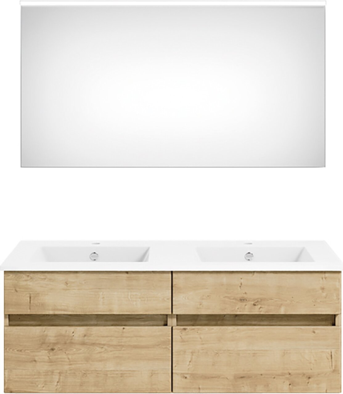 Frontansicht einer modernen Badkombination mit zwei Waschbecken und einem großen Spiegel, Holzoptik.