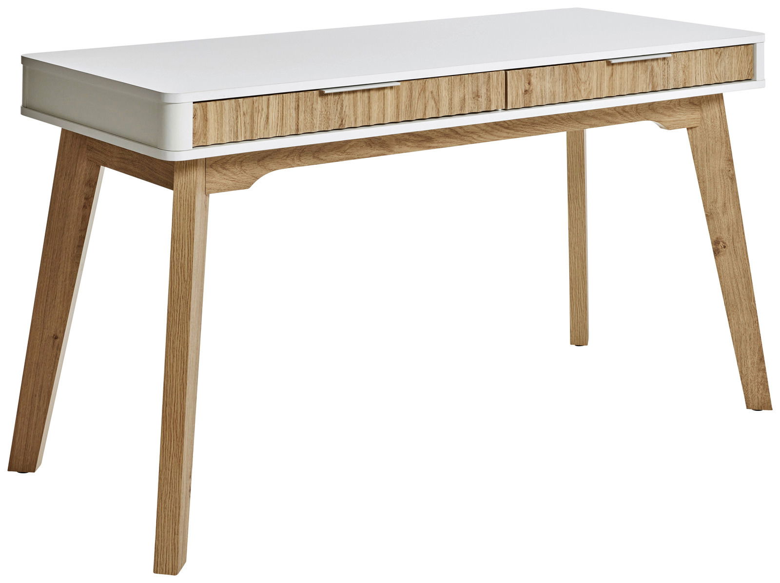 Novel Schreibtisch WAVE Moderner Schreibtisch mit weißer Tischplatte und Holzbeinen, seitliche Perspektive