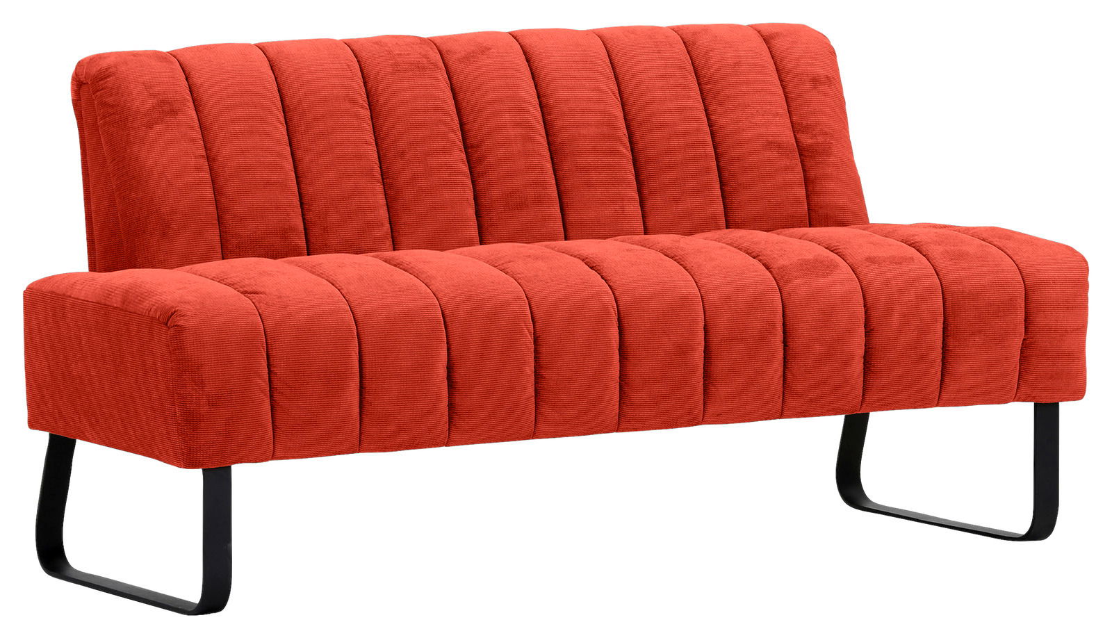 Rote 2er-Sitzbank mit vertikaler Steppung und schwarzen Metallbeinen, seitliche Perspektive