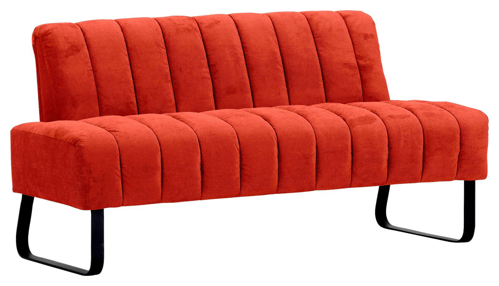 Rote 2er-Sitzbank mit vertikaler Steppung und schwarzen Metallbeinen, seitliche Perspektive