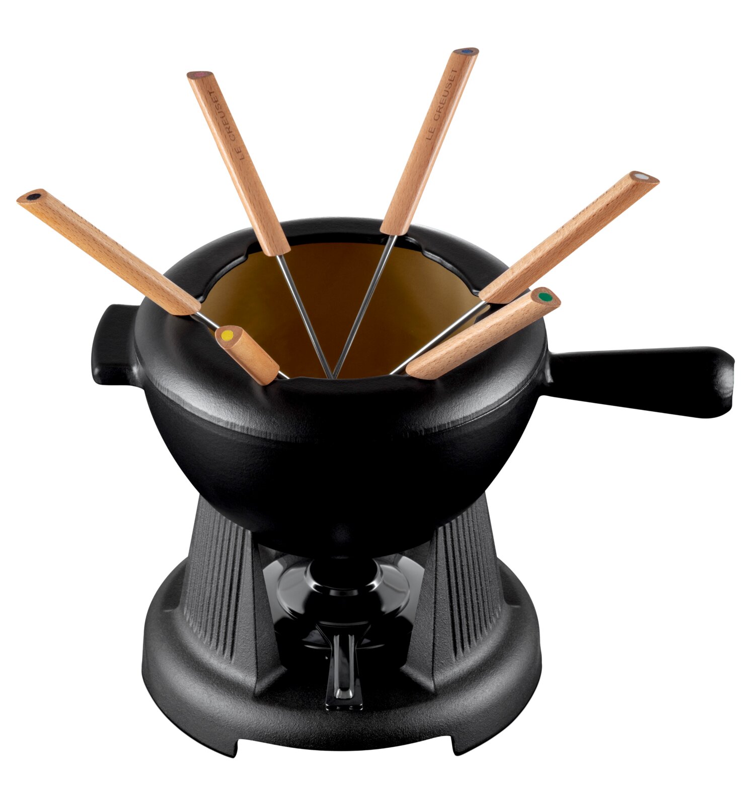 Schwarzes Fondue-Set mit Holzgriffen, von oben betrachtet