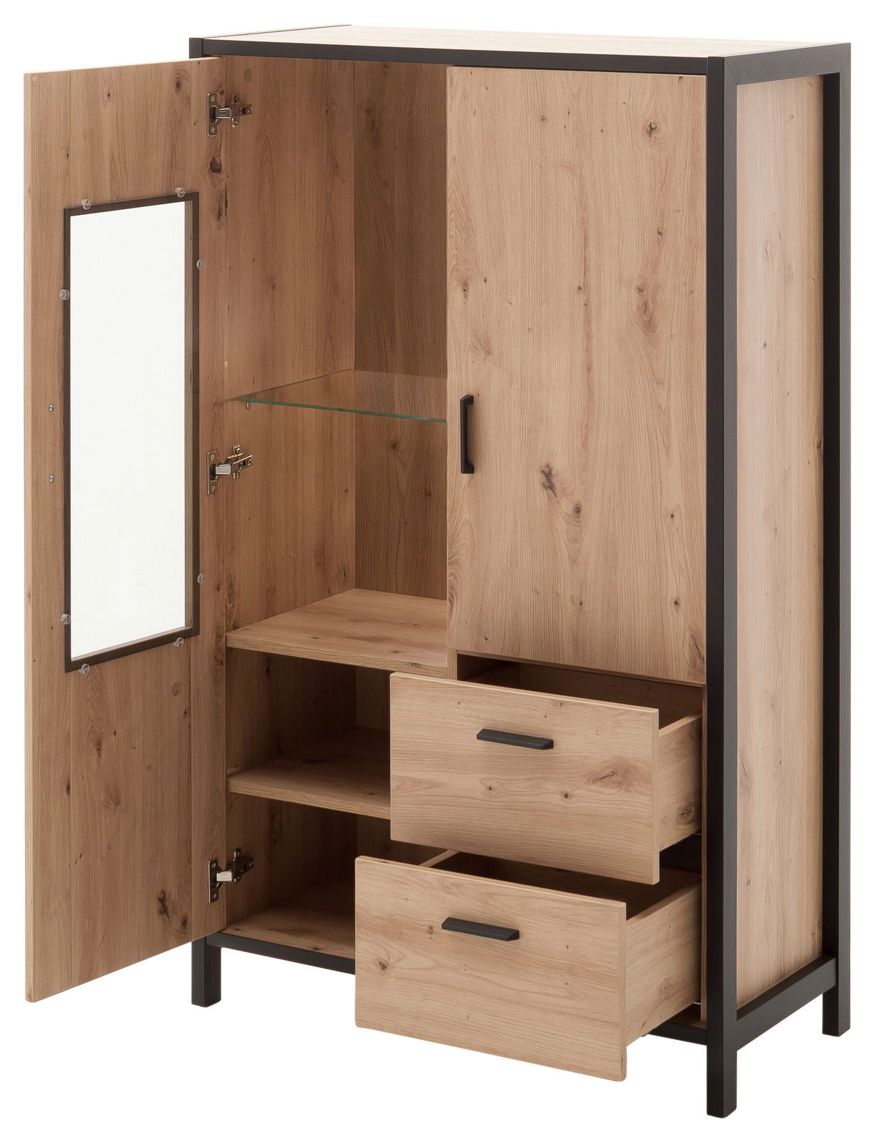 Z2 Highboard ALGARVE Highboard aus Holz mit schwarzem Metallrahmen, zwei offenen Schubladen und einer geöffneten Tür mit Spiegel, seitliche Perspektive