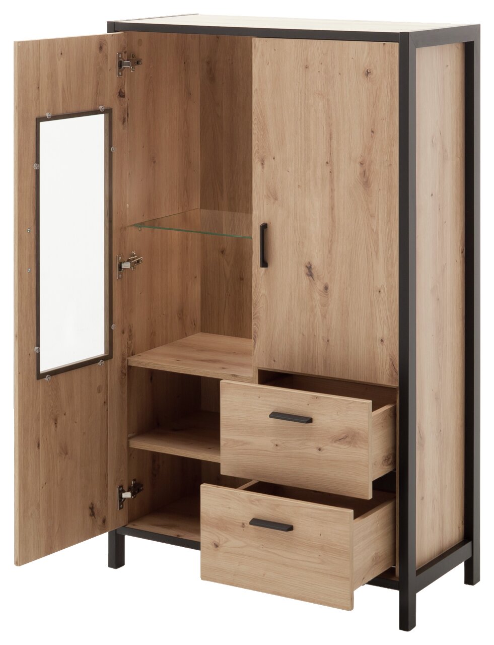 Z2 Hoog dressoir ALGARVE Highboard aus Holz mit schwarzem Metallrahmen, zwei offenen Schubladen und einer geöffneten Tür mit Spiegel, seitliche Perspektive