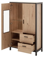 Hoge kast van hout met een zwart metalen frame, twee open lades en een open deur met spiegel, zijaanzicht