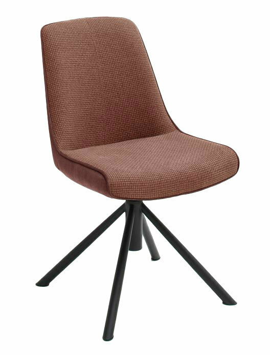 Moderner brauner Stuhl mit gepolsterter Sitzfläche und schwarzem Metallgestell, seitliche Perspektive