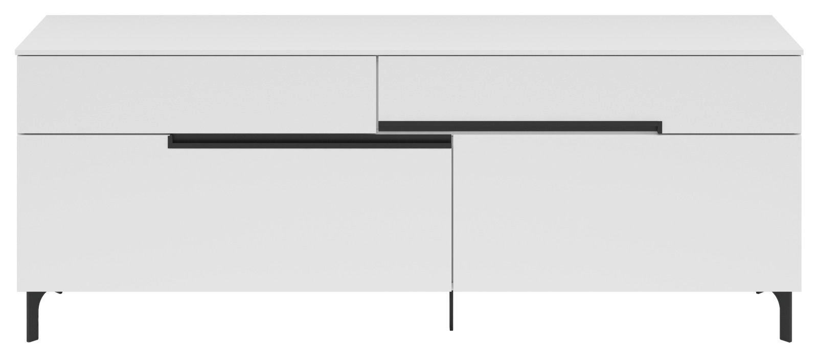 Modernes TV-Lowboard in Weiß mit schwarzen Griffen, frontale Ansicht
