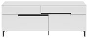 Modernes TV-Lowboard in Weiß mit schwarzen Griffen, frontale Ansicht