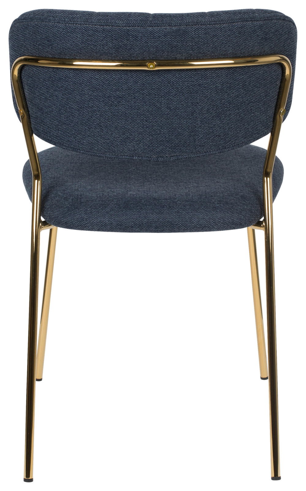 Rückansicht eines eleganten Stuhls mit blauem Stoffbezug und goldenen Metallbeinen.