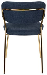 Rückansicht eines eleganten Stuhls mit blauem Stoffbezug und goldenen Metallbeinen.