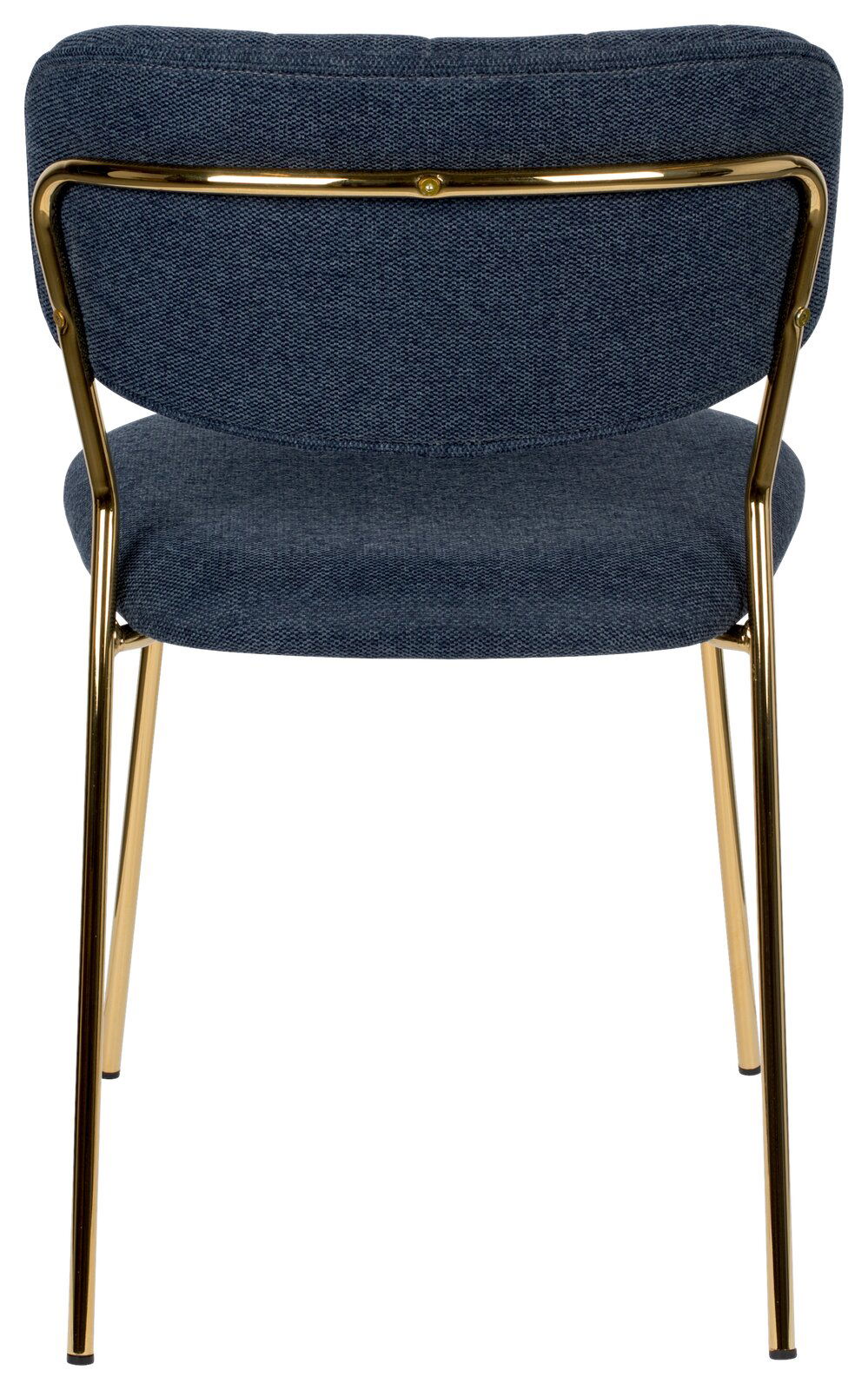 Rückansicht eines eleganten Stuhls mit blauem Stoffbezug und goldenen Metallbeinen.