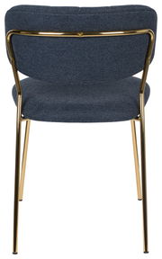Rückansicht eines eleganten Stuhls mit blauem Stoffbezug und goldenen Metallbeinen.