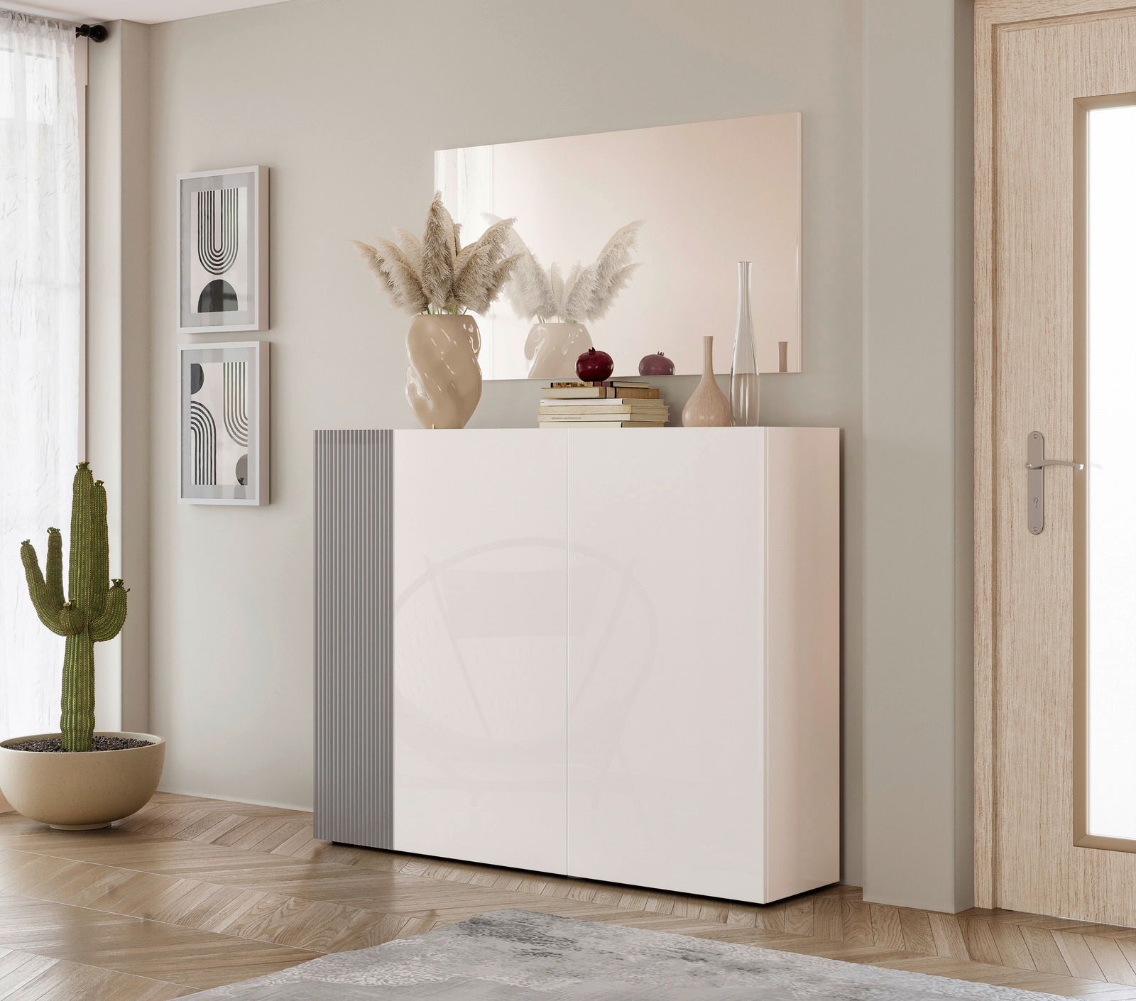 Moderner Schuhschrank in Weiß mit grauen Akzenten, dekoriert mit Vasen und Büchern, in einer stilvollen Wohnumgebung. Perspektive von vorne.