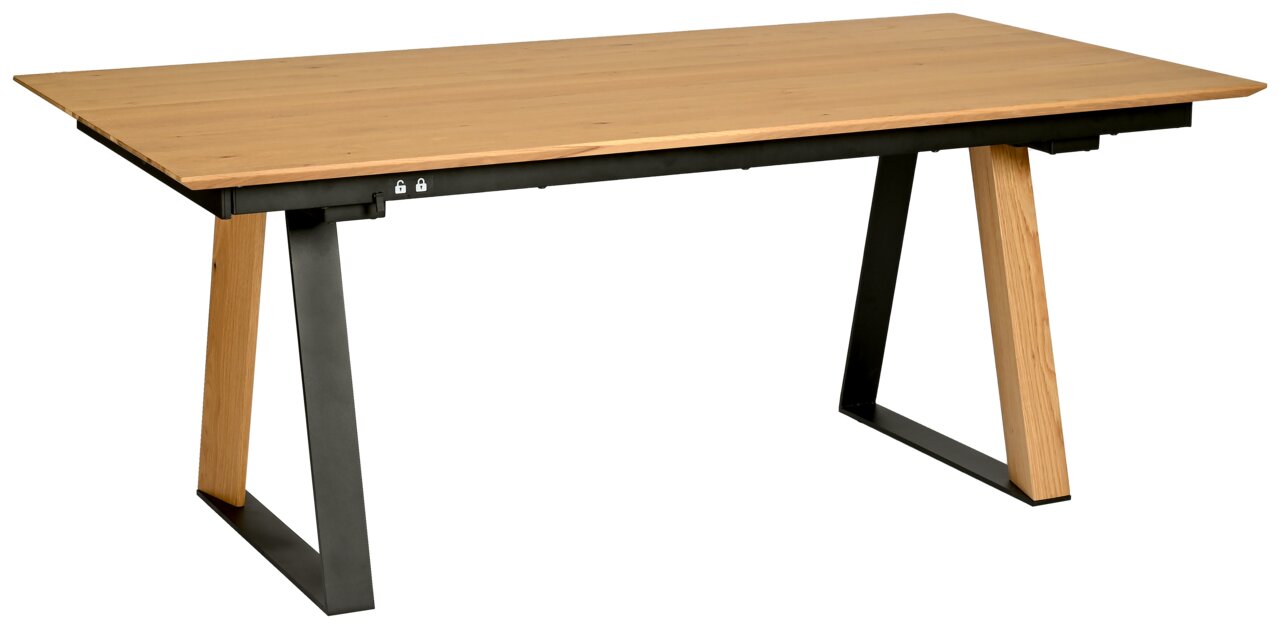 Moderne houten eettafel met zwart metalen onderstel, zijaanzicht