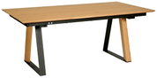 Moderne houten eettafel met zwart metalen onderstel, zijaanzicht