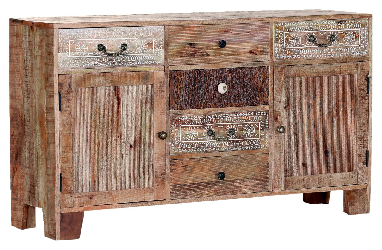 Landscape Dressoir PUNO Rustikales Sideboard aus Holz mit dekorativen Schnitzereien, zwei Türen und mehreren Schubladen, seitliche Perspektive