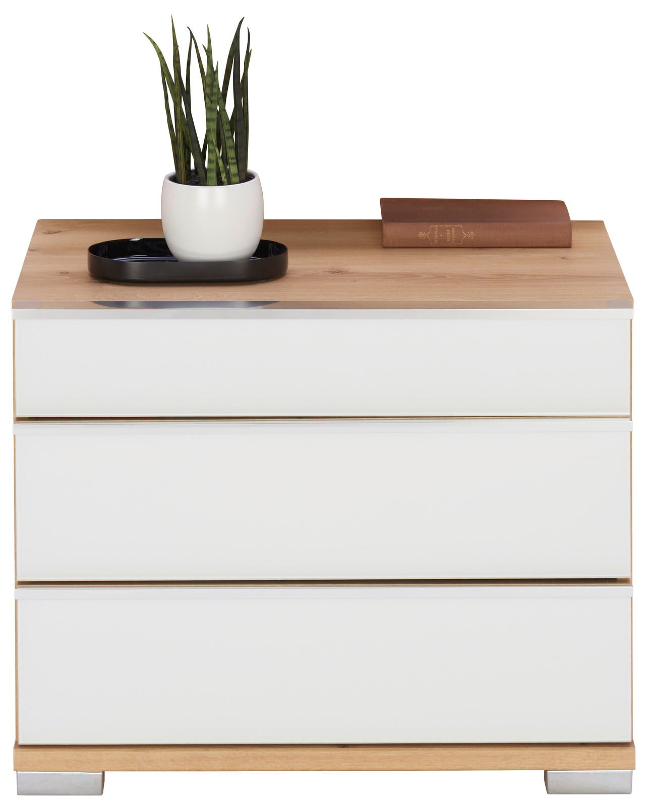 Moderner Nachtschrank mit drei Schubladen, Holzoberfläche, dekoriert mit einer Pflanze und einem Buch, Frontalansicht