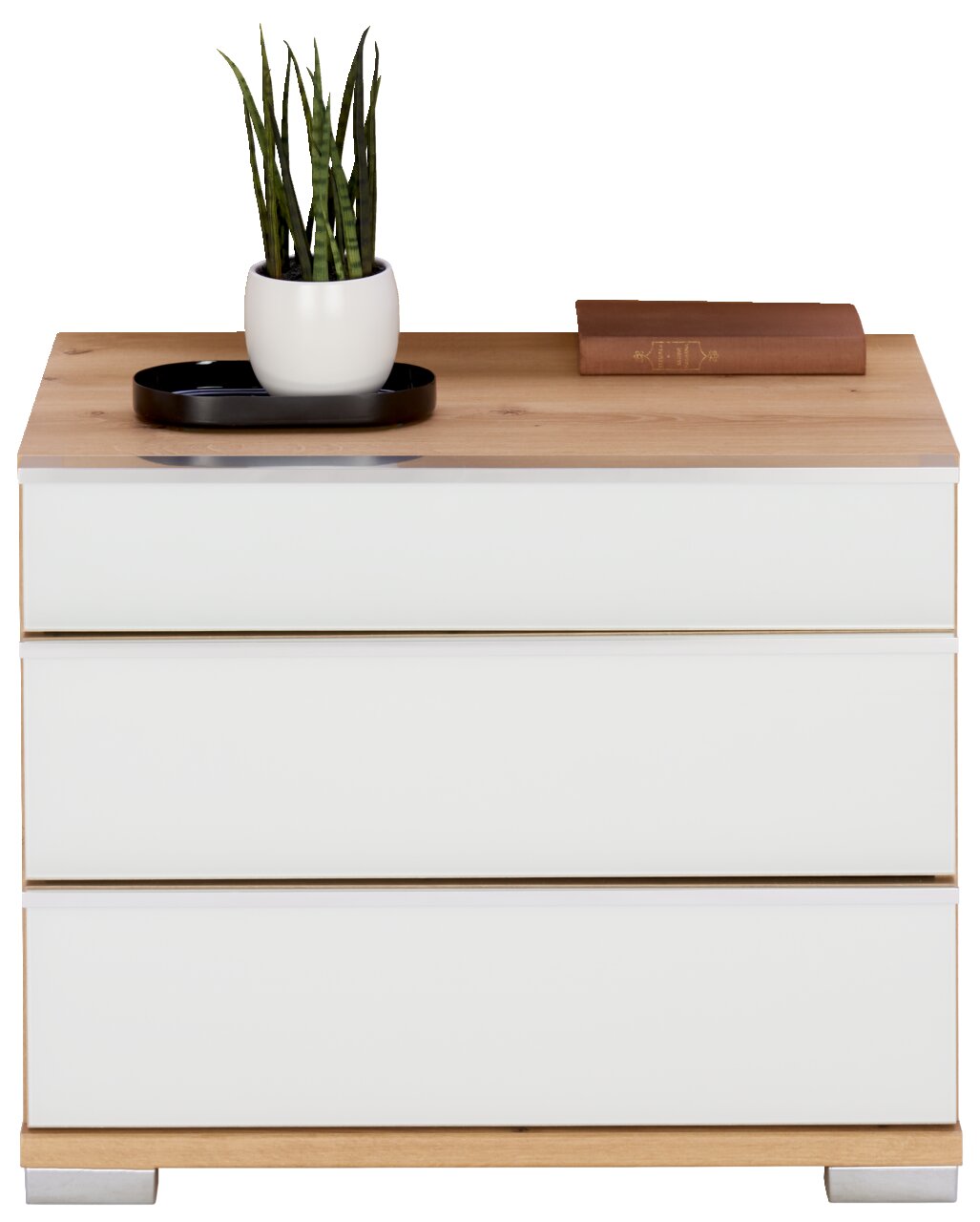 Moderner Nachtschrank mit drei Schubladen, Holzoberfläche, dekoriert mit einer Pflanze und einem Buch, Frontalansicht