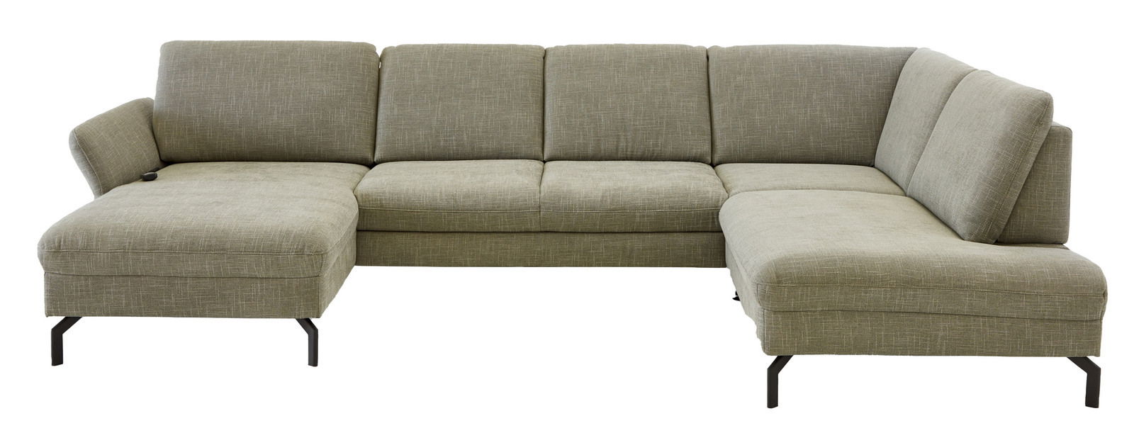 Graue Polsterrundecke in L-Form mit Metallfüßen, Vorderansicht