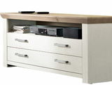 Weißes Lowboard mit zwei Schubladen und einem offenen Fach, aus seitlicher Perspektive fotografiert.