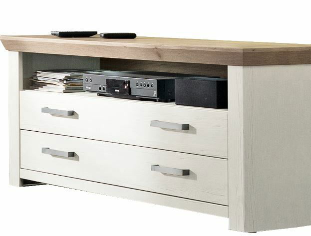 Weißes Lowboard mit zwei Schubladen und einem offenen Fach, aus seitlicher Perspektive fotografiert.