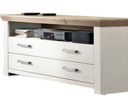 Weißes Lowboard mit zwei Schubladen und einem offenen Fach, aus seitlicher Perspektive fotografiert.