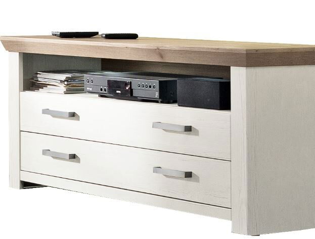 Weißes Lowboard mit zwei Schubladen und einem offenen Fach, aus seitlicher Perspektive fotografiert.
