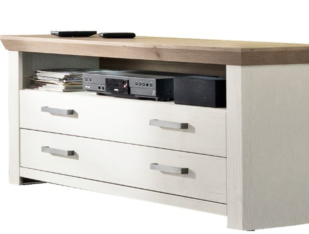 Weißes Lowboard mit zwei Schubladen und einem offenen Fach, aus seitlicher Perspektive fotografiert.