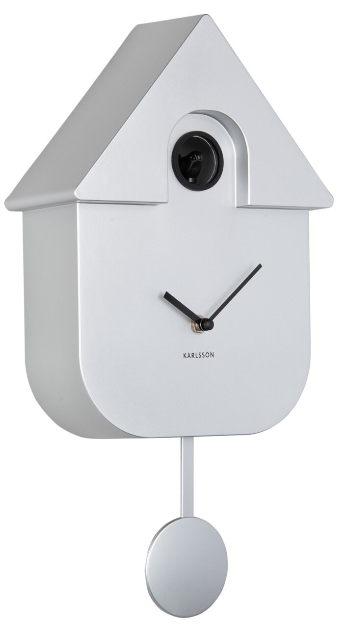 KARLSSON Wanduhr MODERN CUCKOO Silberne Wanduhr in Form eines modernen Kuckuckshauses mit Pendel, seitliche Perspektive