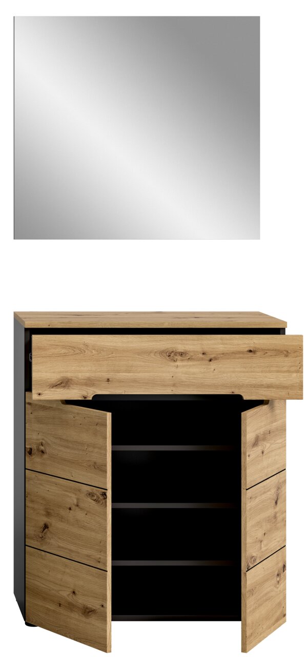 Frontansicht einer Garderobenkombination mit Holzoptik und Spiegel, bestehend aus einem Schrank mit offenen Türen und mehreren Regalböden.