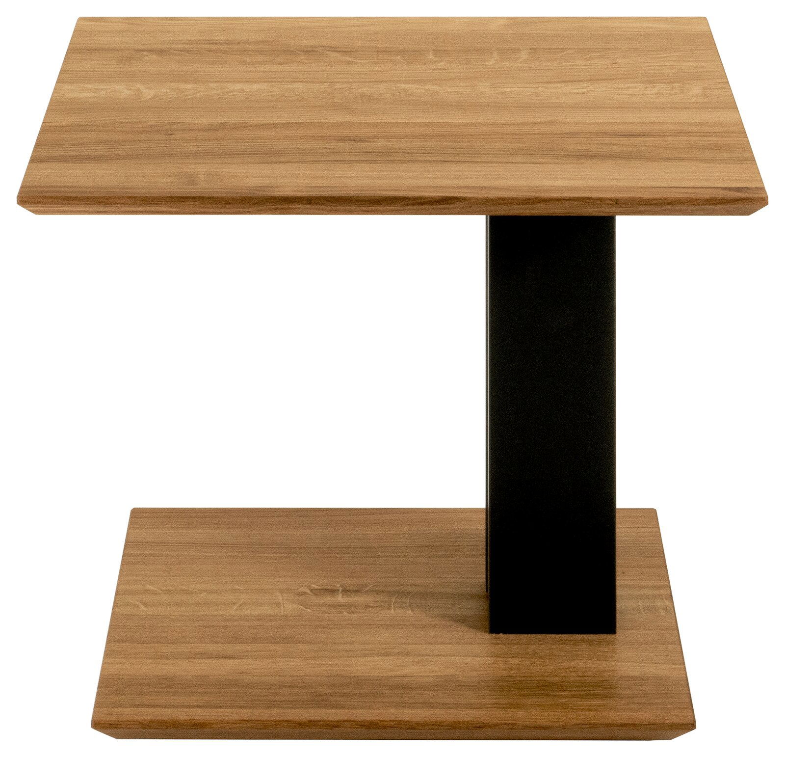 Moderner Beistelltisch mit Holzoberfläche und schwarzem Metallgestell, Frontalansicht
