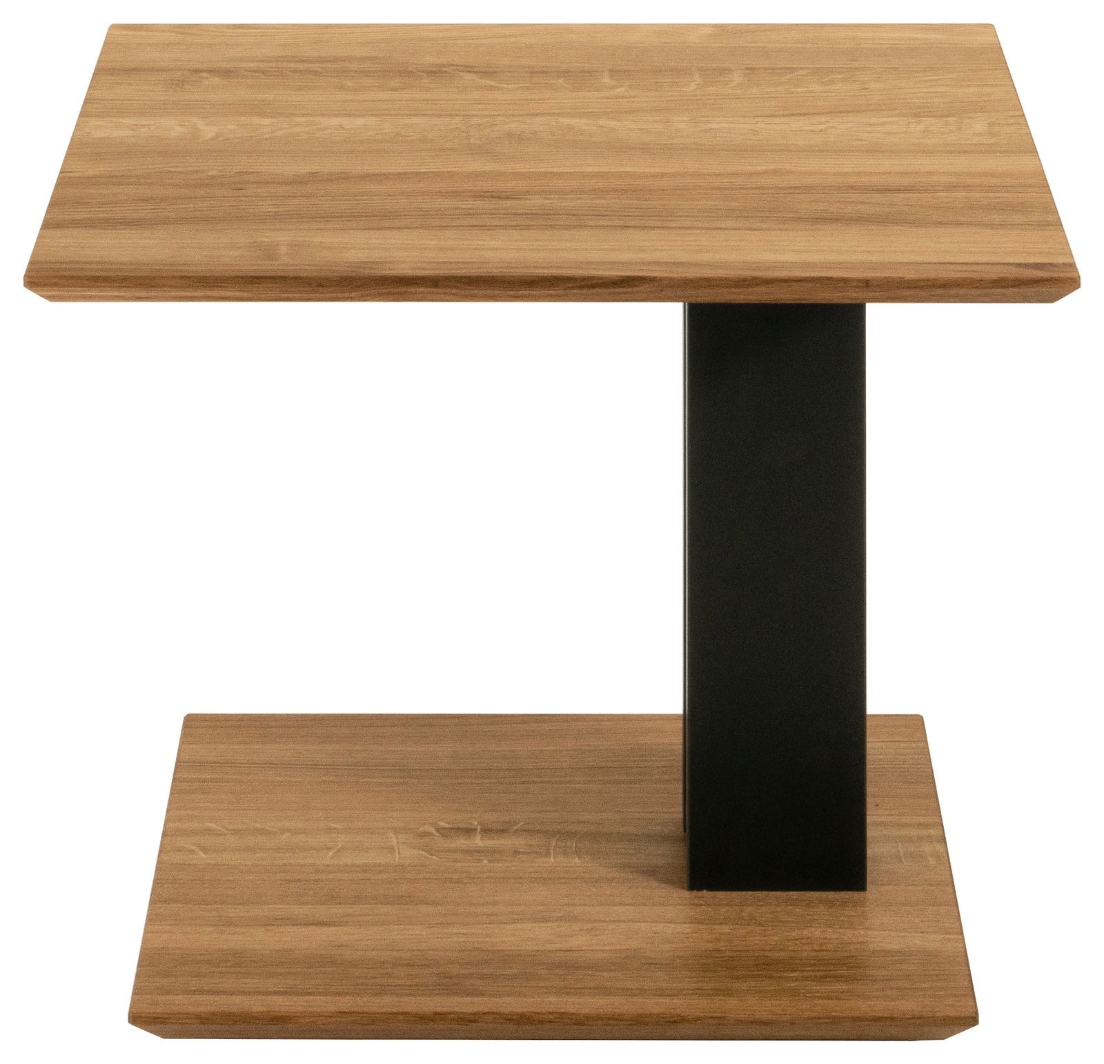 Moderner Beistelltisch mit Holzoberfläche und schwarzem Metallgestell, Frontalansicht