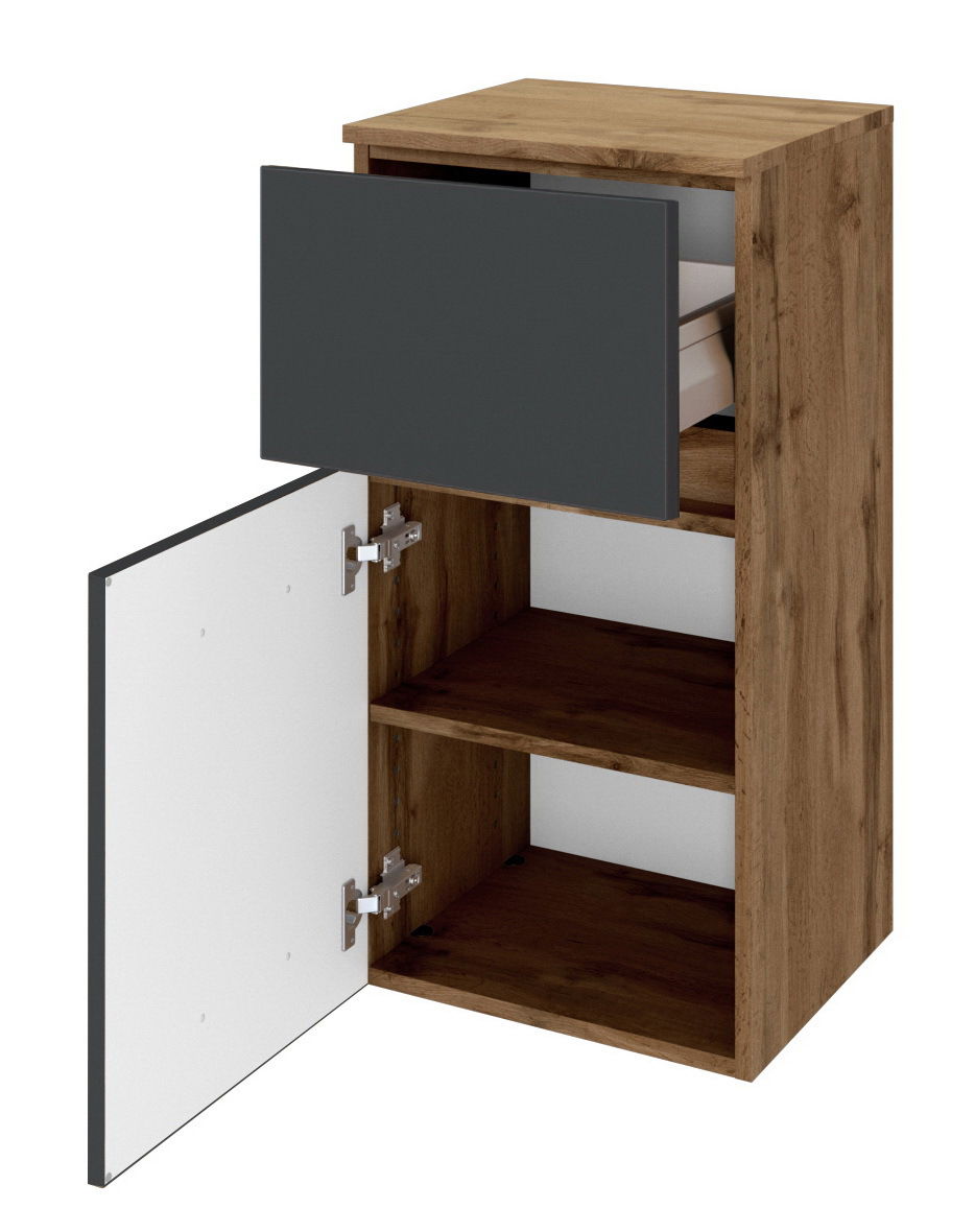 Unterschrank aus Holz mit einer offenen Schublade und einer geöffneten Tür, die zwei Regalböden zeigt. Perspektive von vorne.