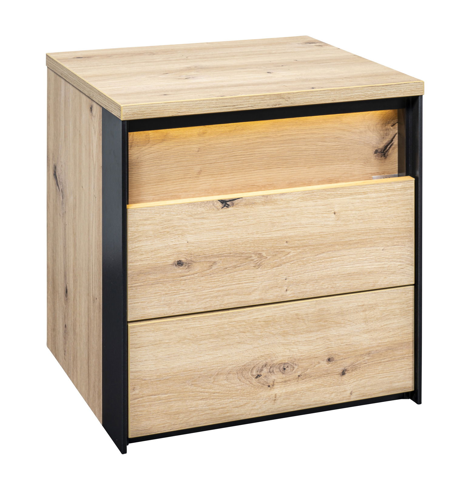 Nachtkommode aus Holz mit zwei Schubladen, seitliche Perspektive