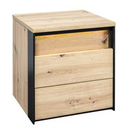 Nachtkommode aus Holz mit zwei Schubladen, seitliche Perspektive