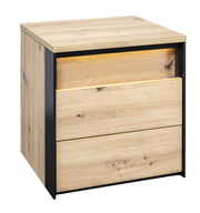 Nachtkommode aus Holz mit zwei Schubladen, seitliche Perspektive
