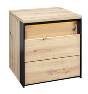 Nachtkommode aus Holz mit zwei Schubladen, seitliche Perspektive