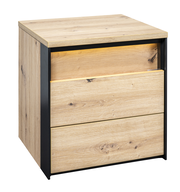 Nachtkommode aus Holz mit zwei Schubladen, seitliche Perspektive