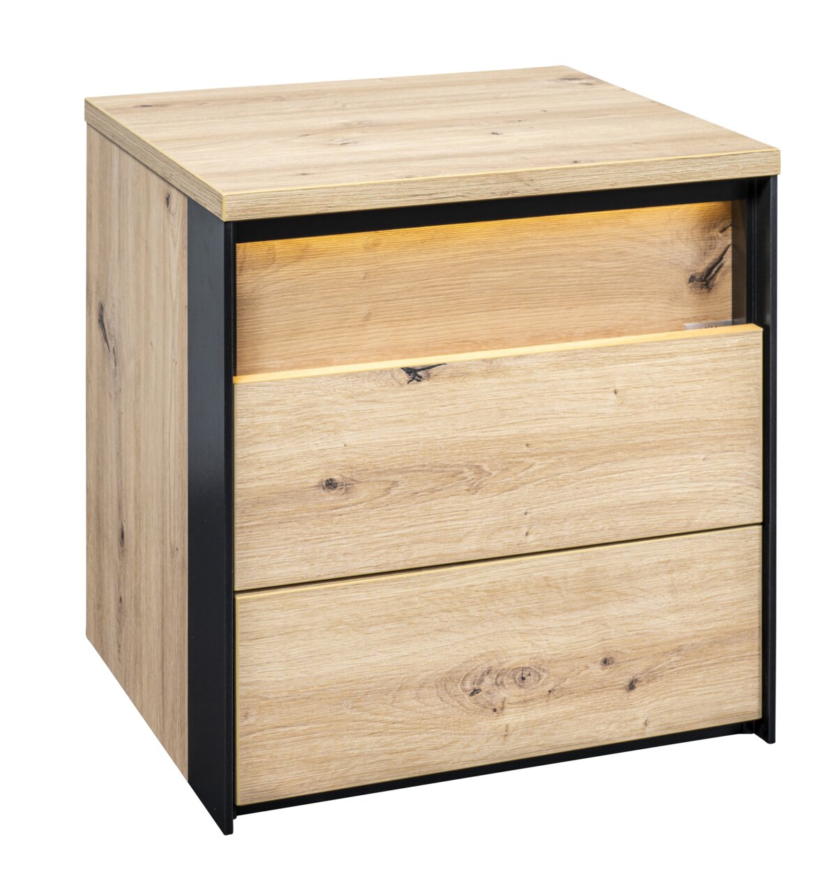 Nachtkommode aus Holz mit zwei Schubladen, seitliche Perspektive