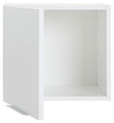 Weißer Aufsatzschrank mit einer Tür, leicht geöffnet, Perspektive von vorne.