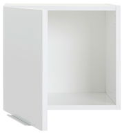 Weißer Aufsatzschrank mit einer Tür, leicht geöffnet, Perspektive von vorne.