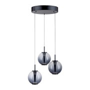 Moderne LED-Pendelleuchte mit drei kugelförmigen, rauchgrauen Glaskörpern, von oben betrachtet.